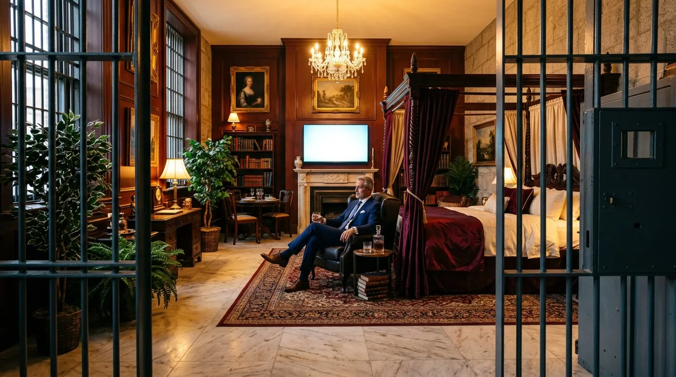 Hombre en traje descansa en lujosa suite de hotel clásico.