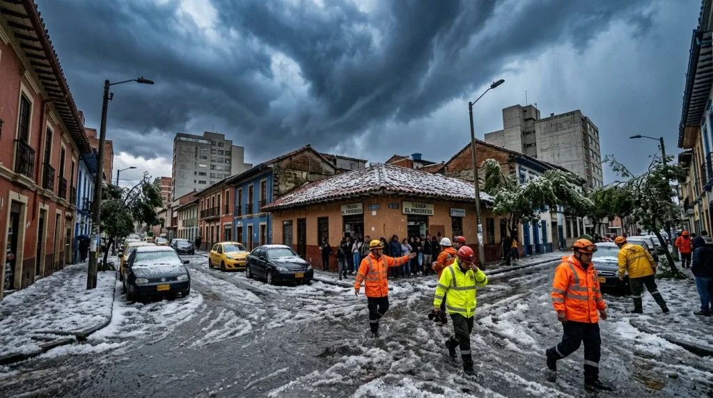 Trabajadores en chaleco naranja durante inundación urbana con edificios coloniales
