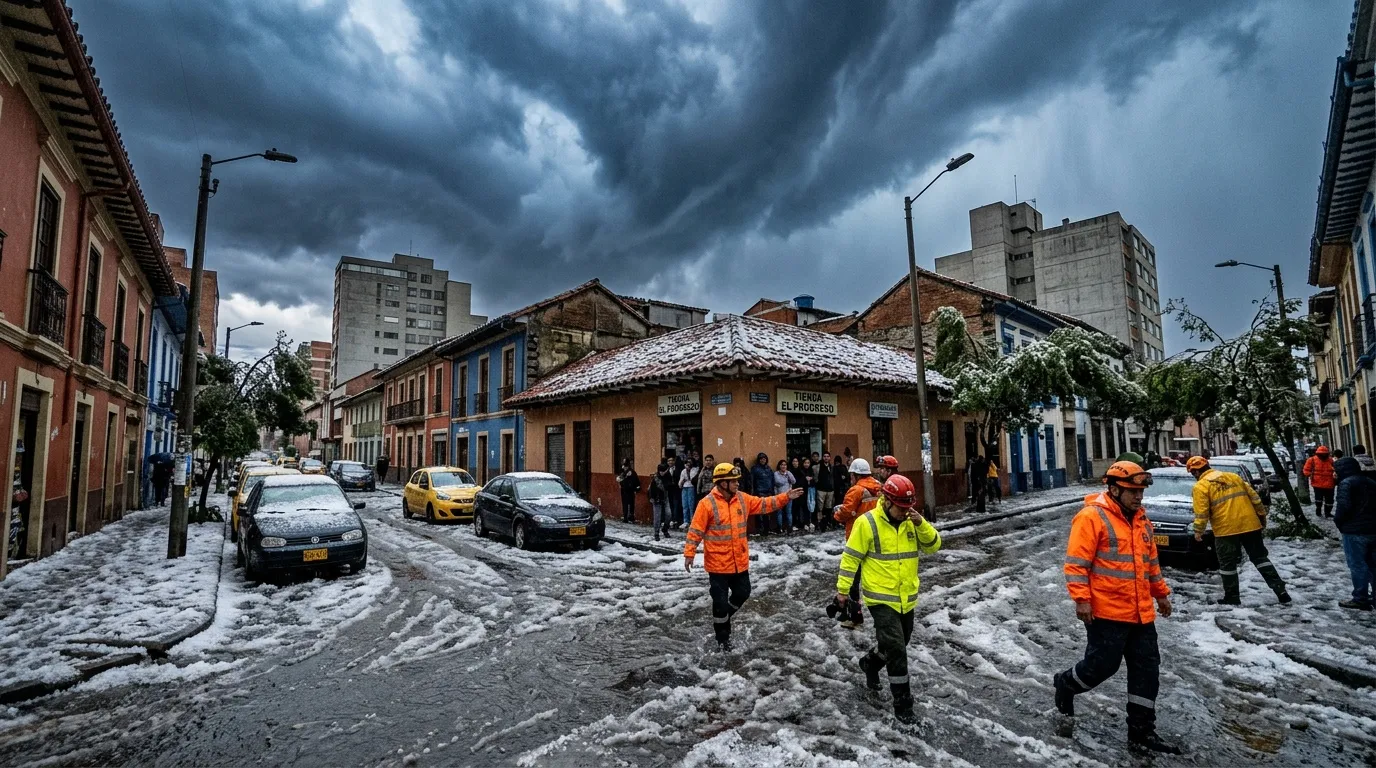 Trabajadores en chaleco naranja durante inundación urbana con edificios coloniales