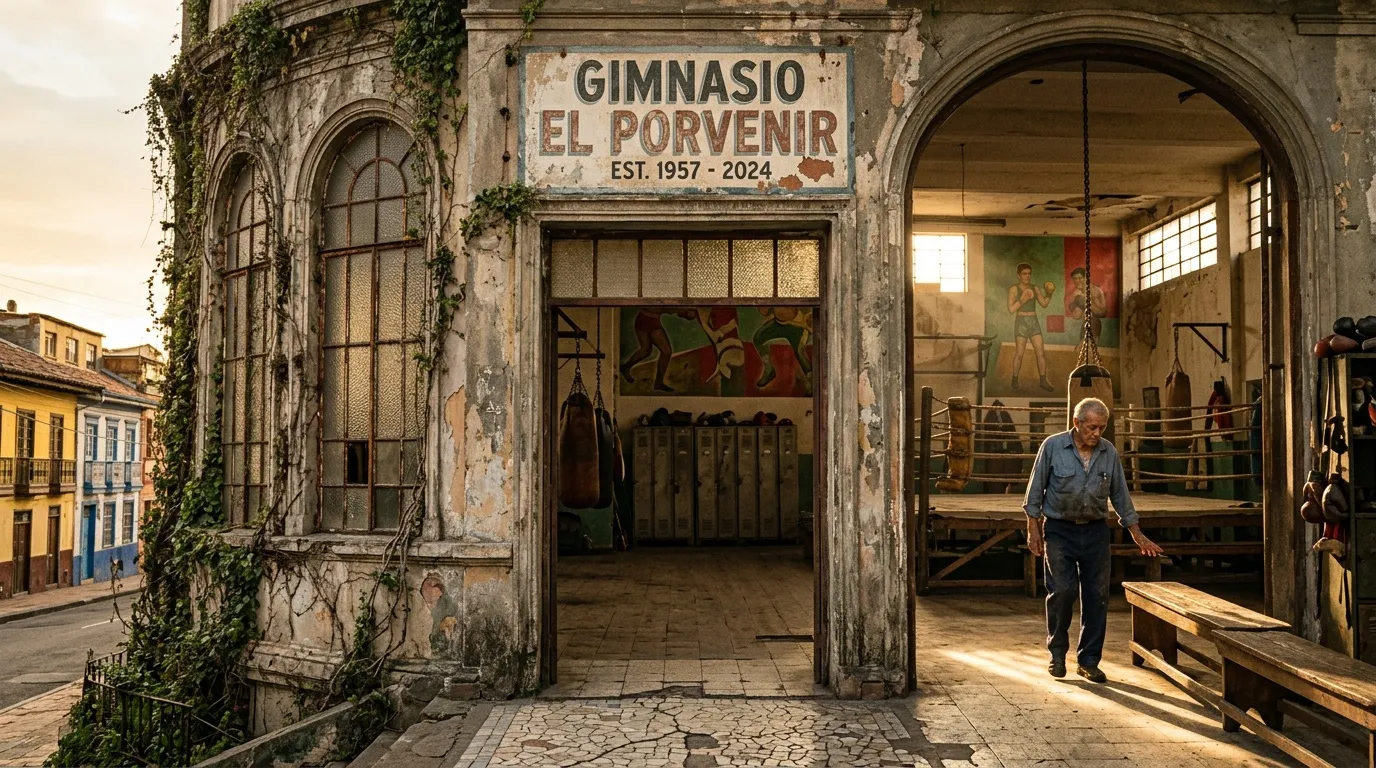 Gimnasio antiguo abandonado con entrenador y equipamiento vintage
