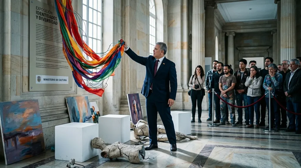 Funcionario presenta instalación artística con cintas de colores multicolores
