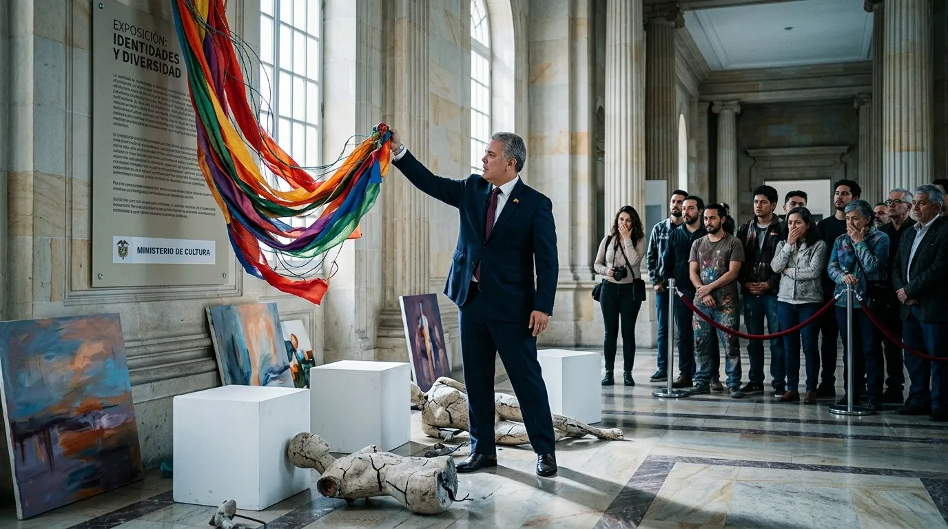 Funcionario presenta instalación artÃstica con cintas de colores multicolores
