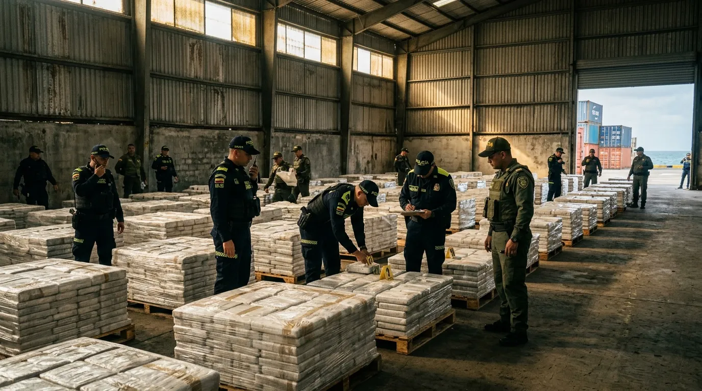 Agentes uniformados inspeccionan paquetes de dinero incautado en almacƩn.