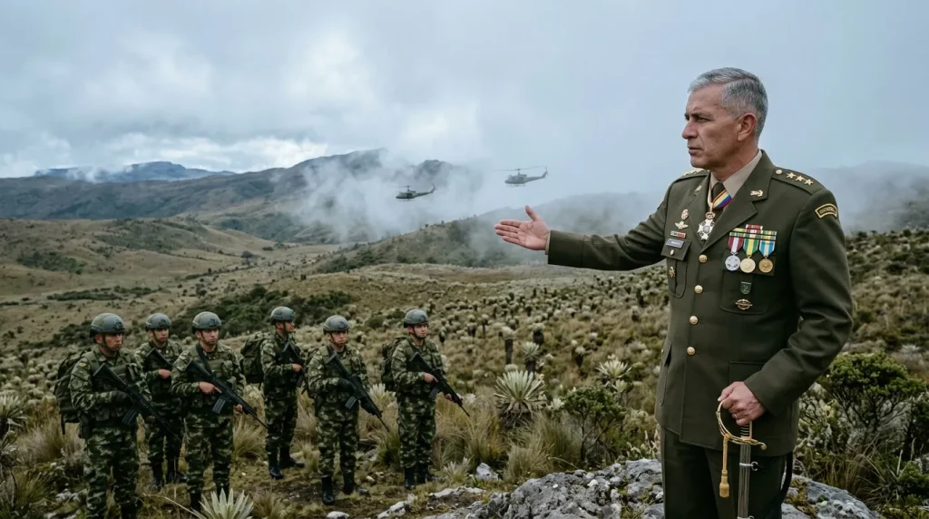 Oficial de alto rango dirige tropas en terreno montañoso con helicópteros.