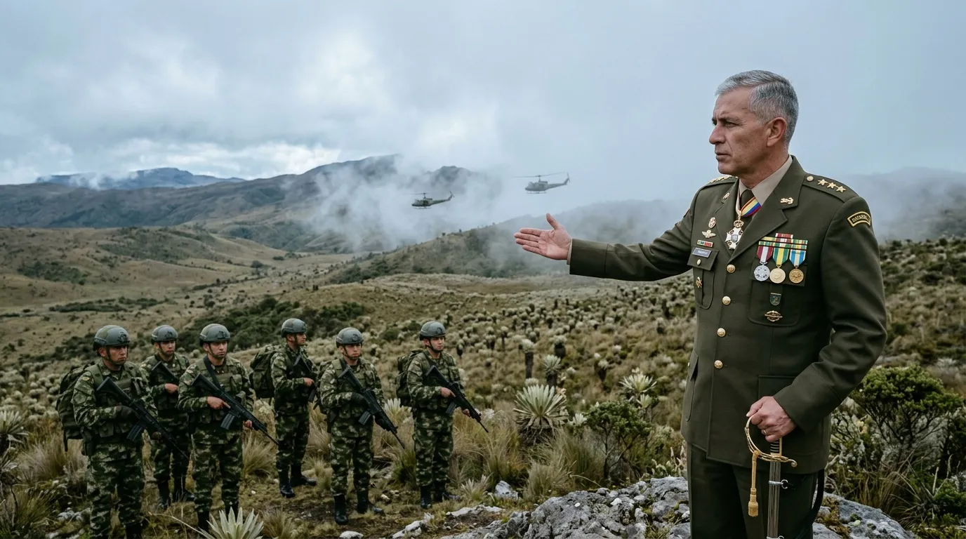 Oficial de alto rango dirige tropas en terreno montañoso con helicópteros.