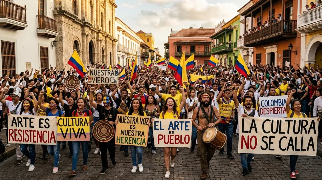 Multitud en calle colonial con banderas colombianas y pancartas culturales