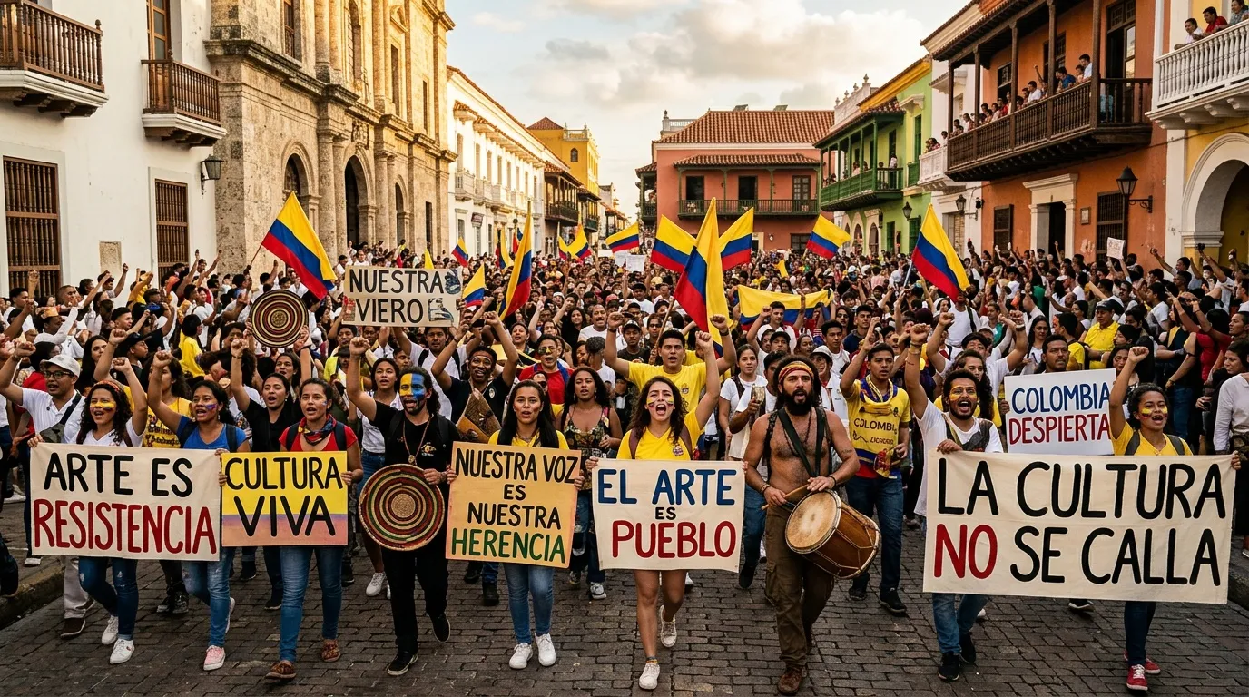 Multitud en calle colonial con banderas colombianas y pancartas culturales