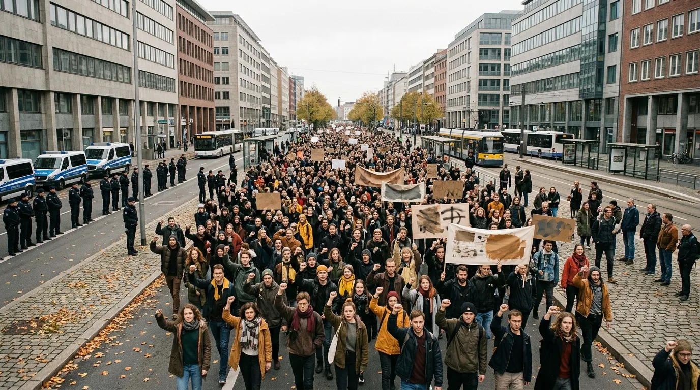 Multitud de personas protestando en avenida de ciudad moderna
