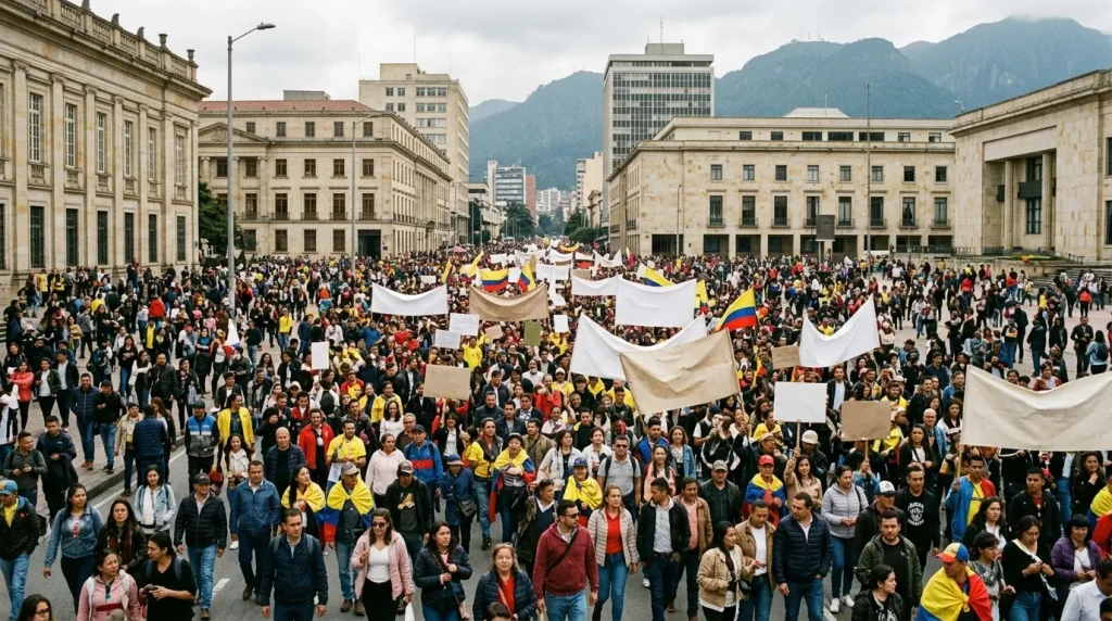 Multitud protestando con banderas colombianas en plaza histórica