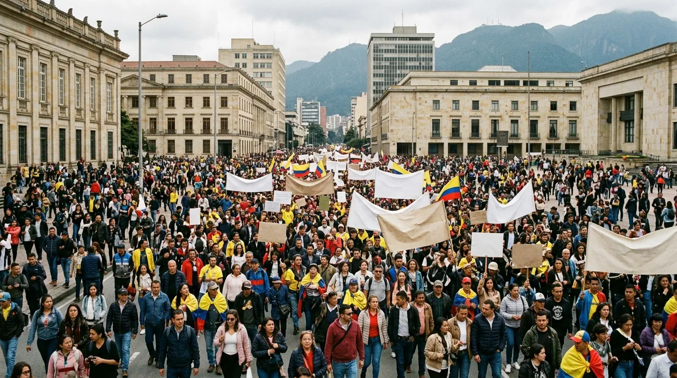 Multitud protestando con banderas colombianas en plaza histórica