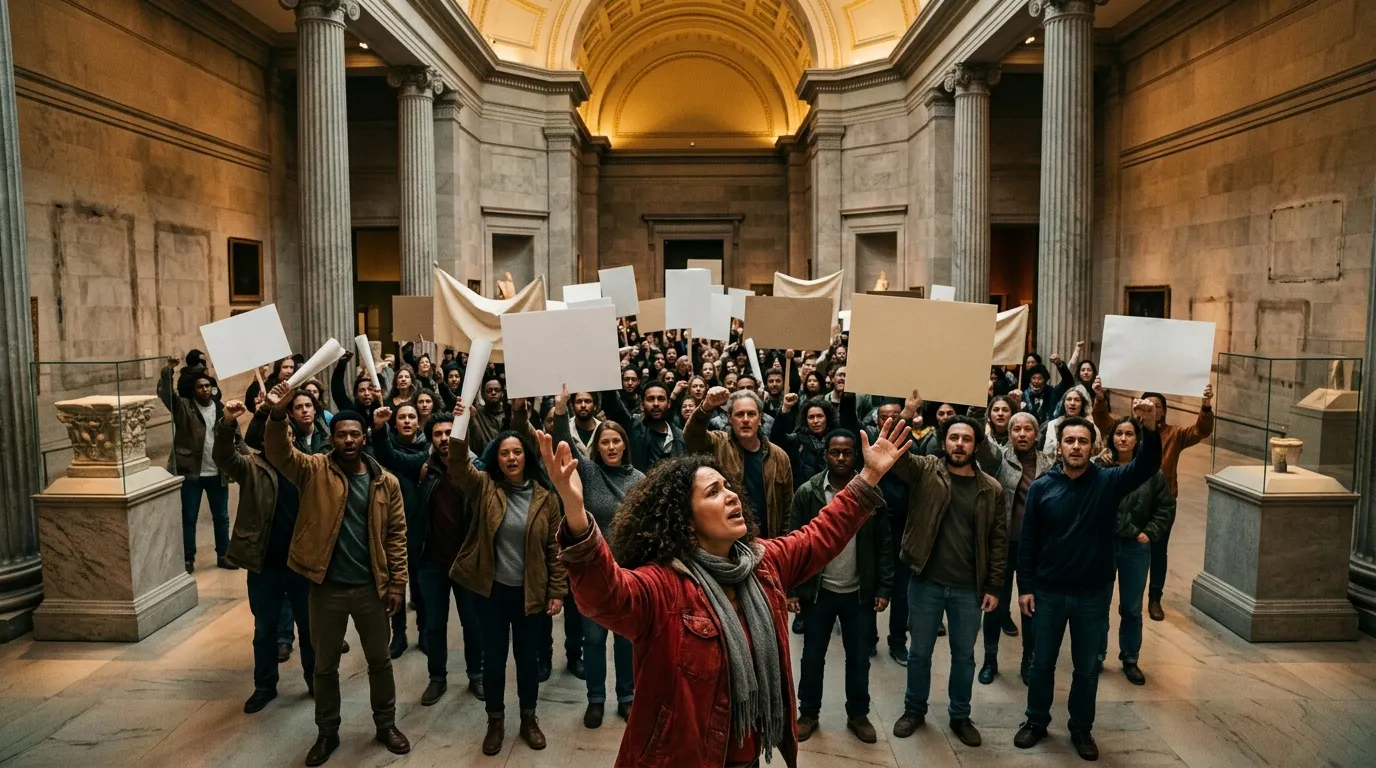 Grupo de personas sosteniendo pancartas blancas en blanco dentro de museo antiguo.