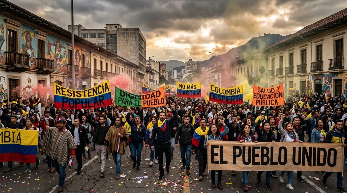 Multitud protesta en calle colonial con banderas y pancartas reivindicativas.