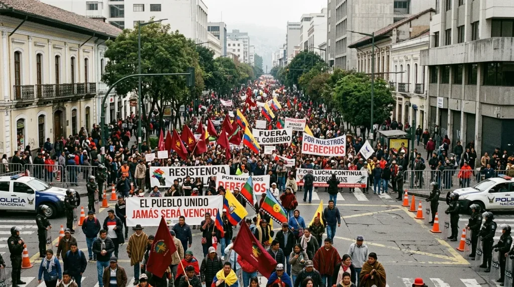 Miles de personas protestan en calle principal con banderas y carteles.