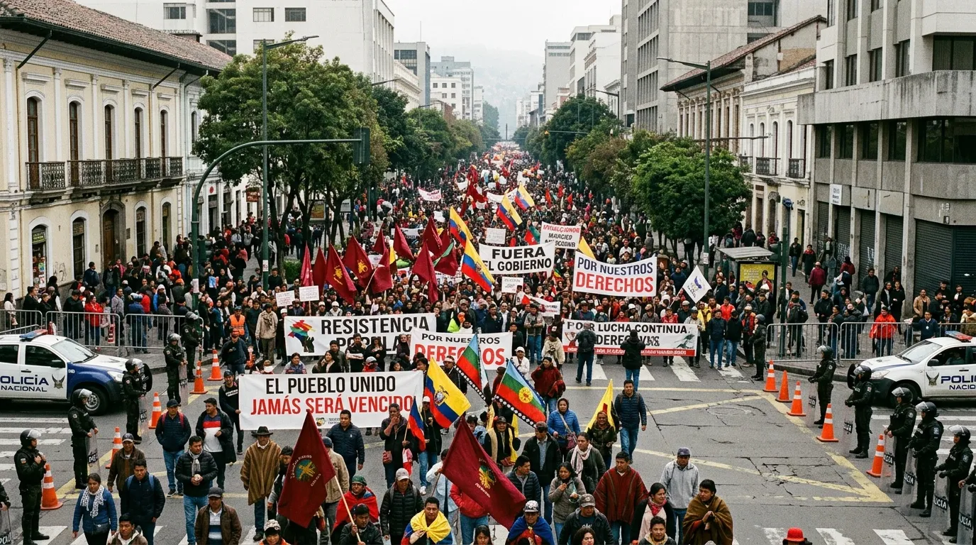 Miles de personas protestan en calle principal con banderas y carteles.