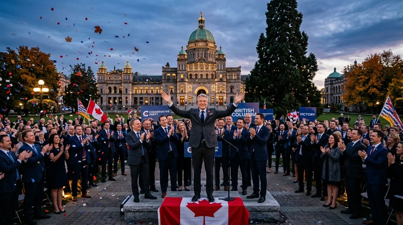 Líder político en podio con bandera canadiense ante multitud