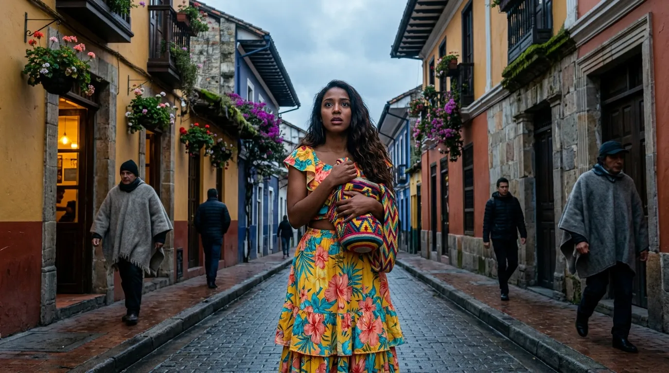 Mujer con vestido colorido en calle empedrada colonial andina