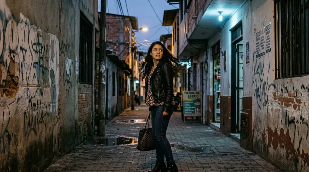 Joven mujer camina sola por callejón estrecho al anochecer