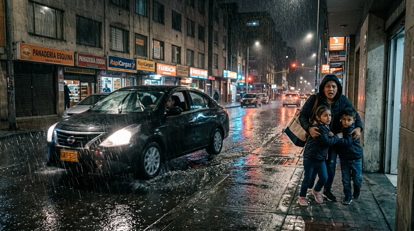 Mujer con niños bajo lluvia nocturna en calle urbana