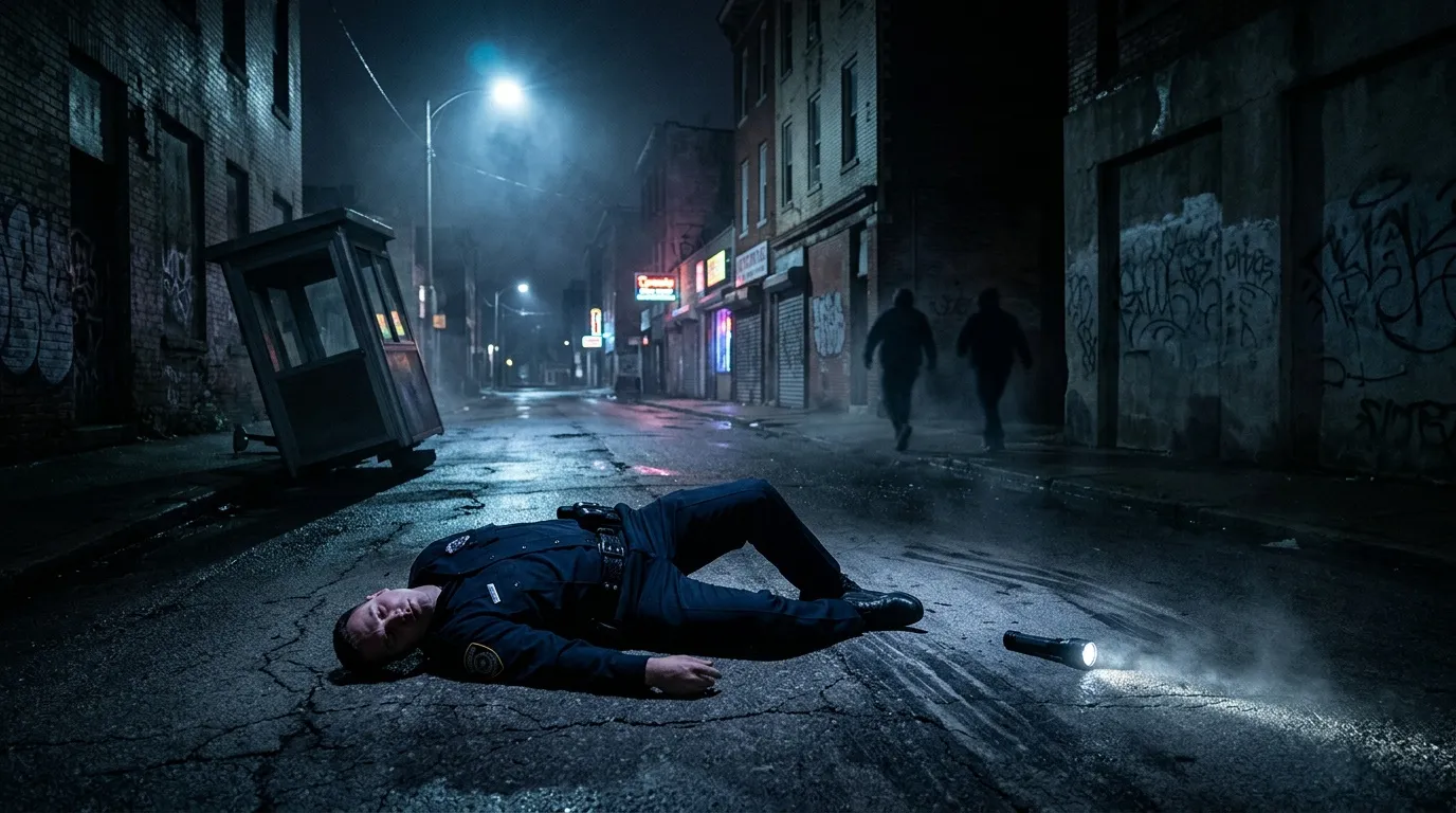 PolicĂa inconsciente en calle oscura de noche con figuras sospechosas