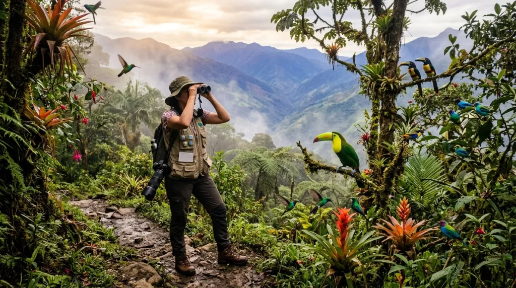 Ornitóloga observa aves coloridas en bosque montañoso tropical