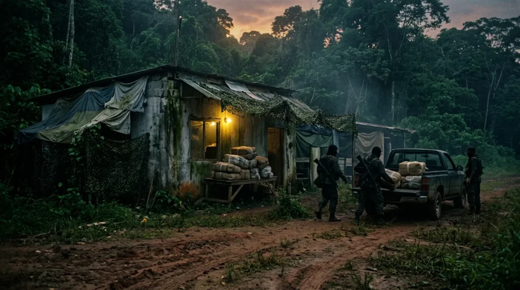 Campamento ilegal en bosque tropical durante atardecer