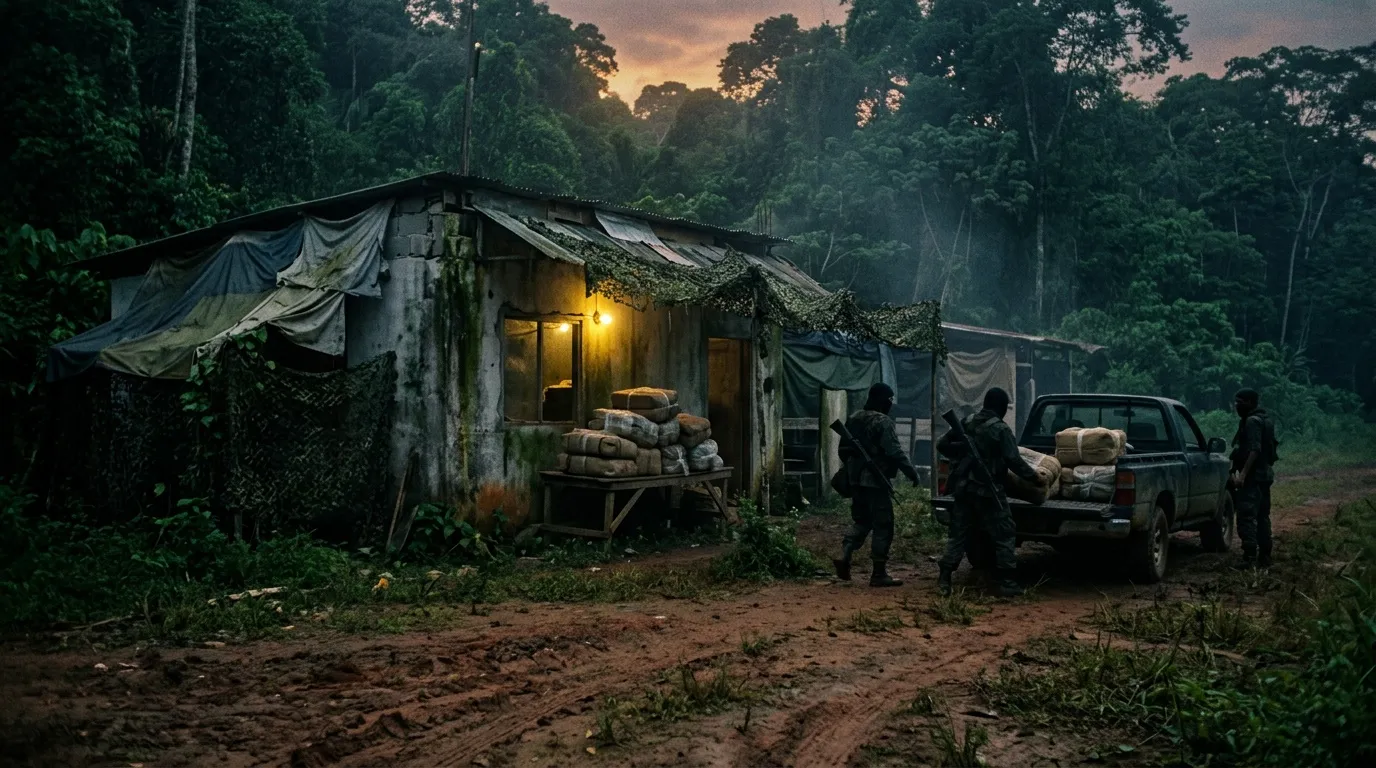 Campamento ilegal en bosque tropical durante atardecer