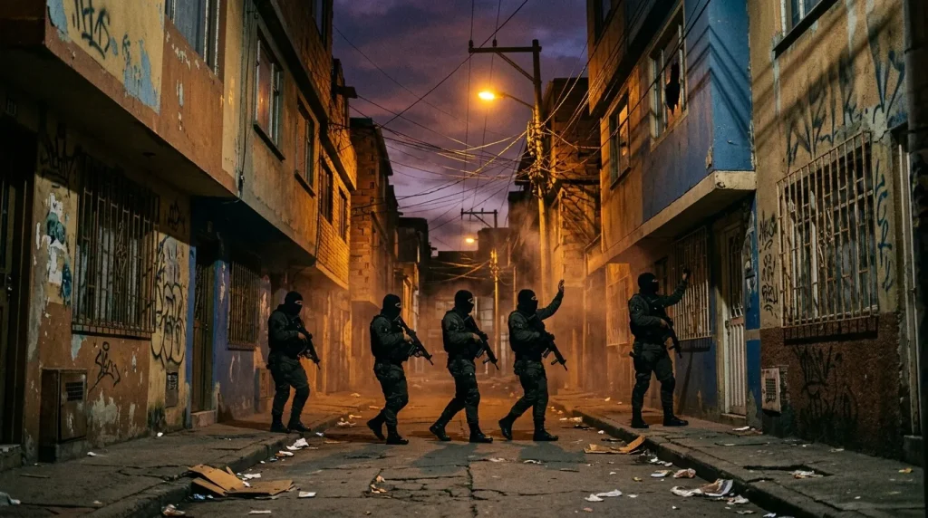 Cinco soldados armados patrullan callejón oscuro al atardecer