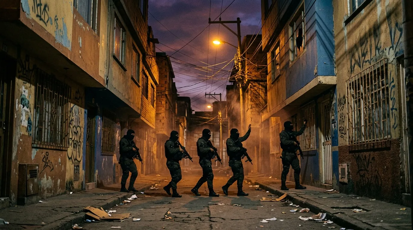 Cinco soldados armados patrullan callejón oscuro al atardecer