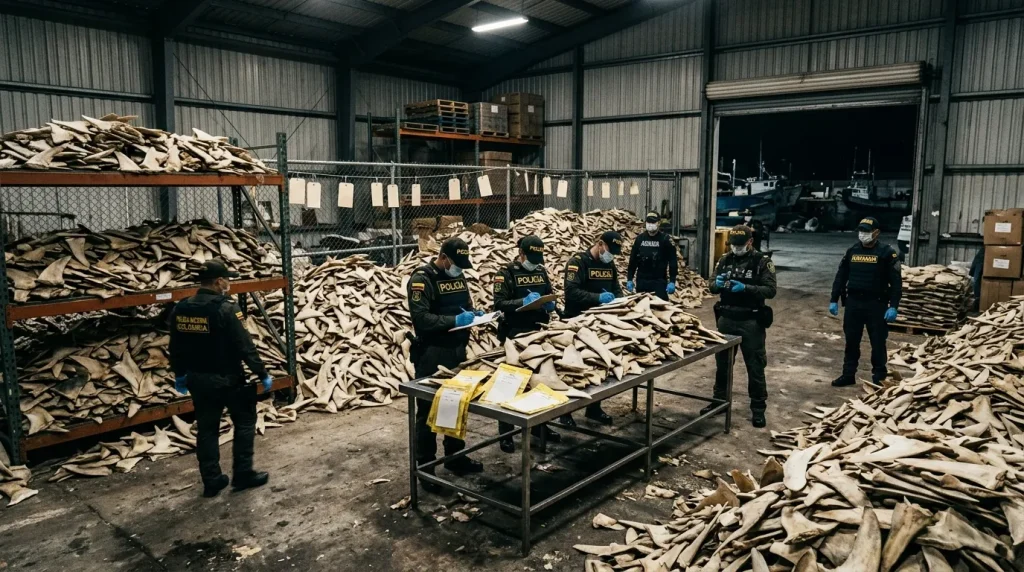 Policías inspeccionan marfil decomisado en almacén