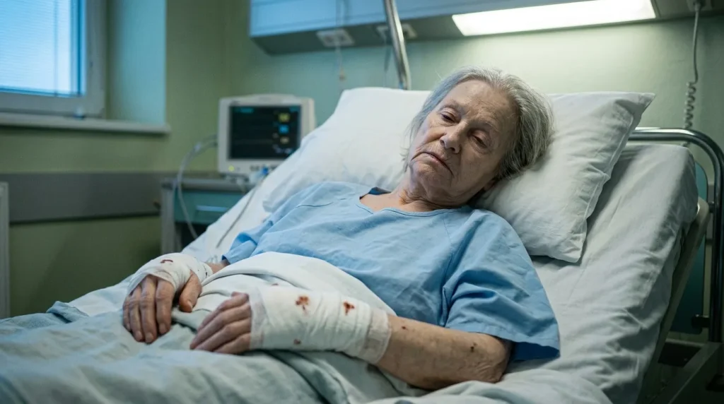 Hombre mayor en cama de hospital con vendaje en brazo