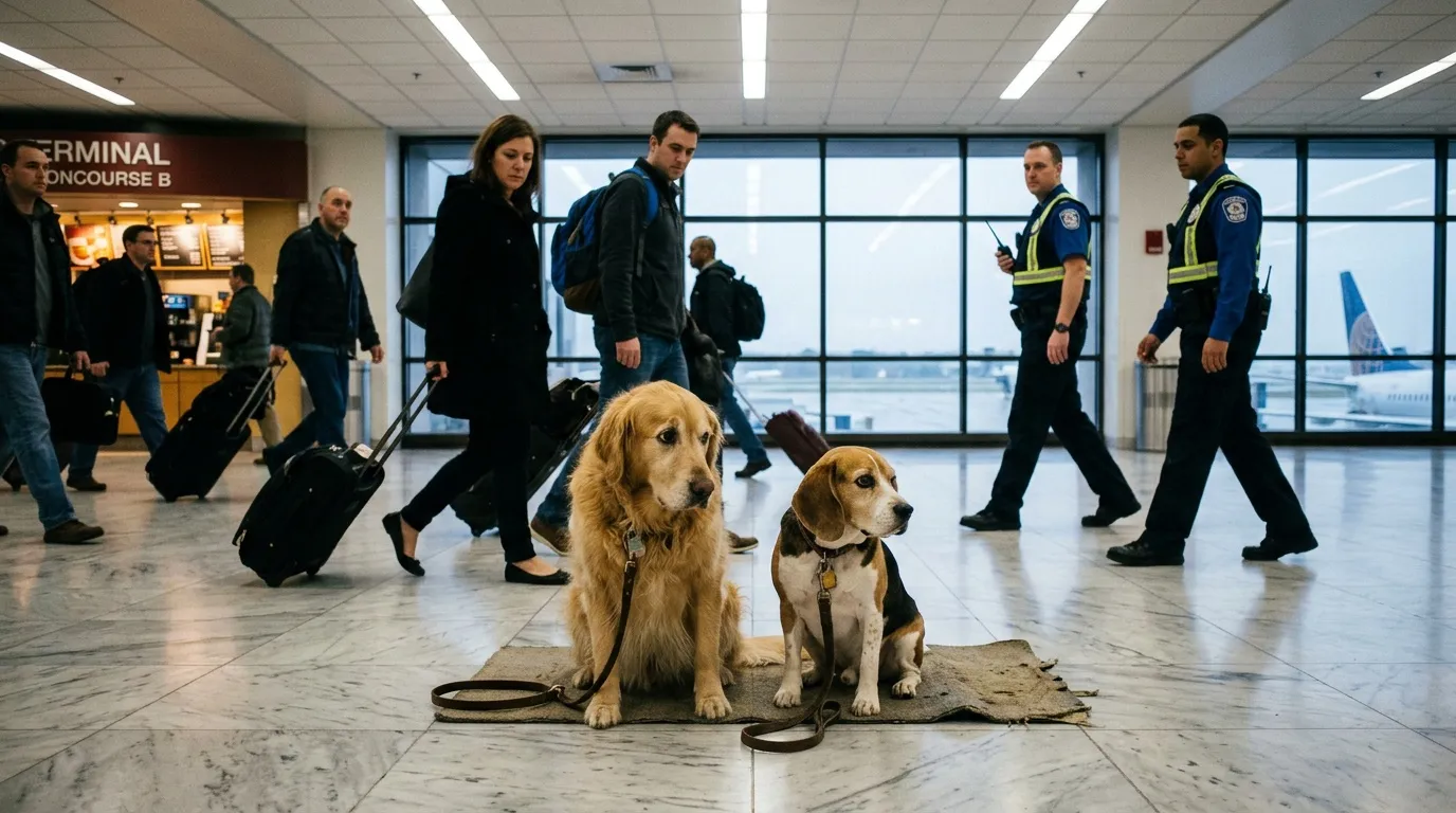 Dos perros de trabajo junto a oficiales de seguridad aeroportuaria