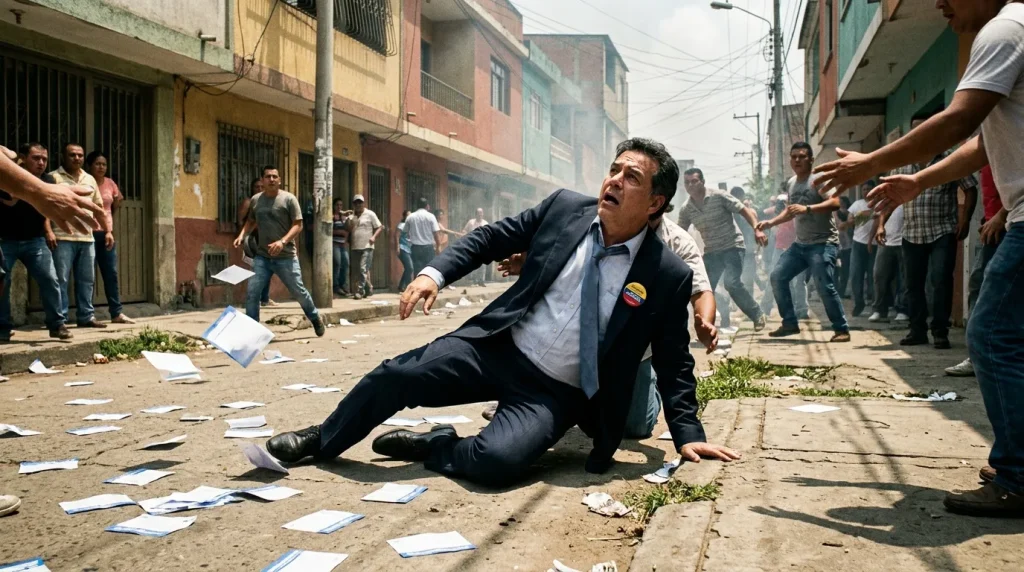Hombre en traje dispersa papeletas en calle durante manifestación