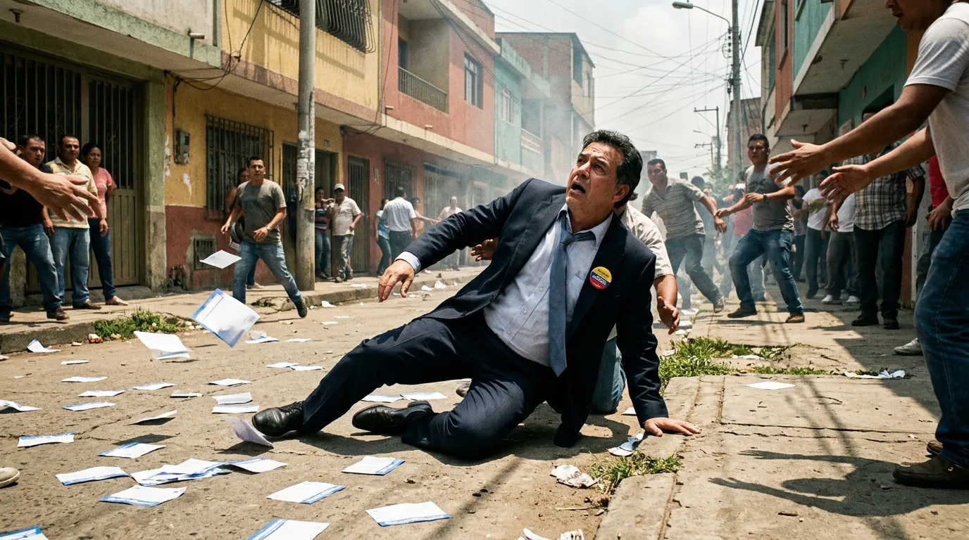Hombre en traje dispersa papeletas en calle durante manifestación