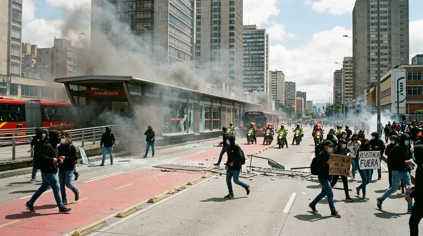Manifestantes en calle con humo y policÃas en motocicletas.