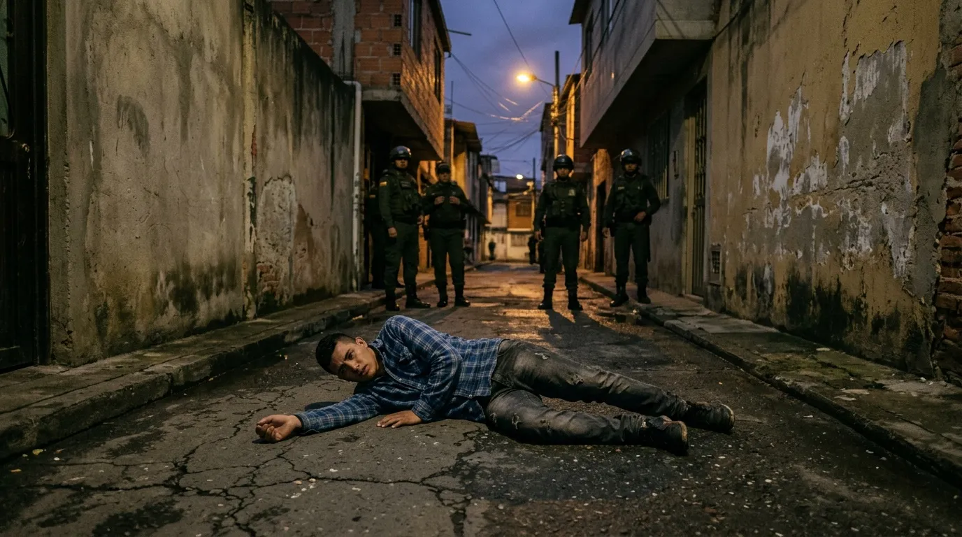 Hombre tendido en calle con policías de fondo al atardecer