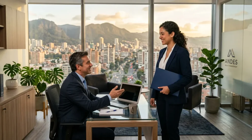 Dos profesionales conversan en oficina con vista a la ciudad montañosa