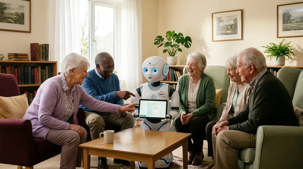 Grupo de ancianos interactuando con robot asistente Aria en sala