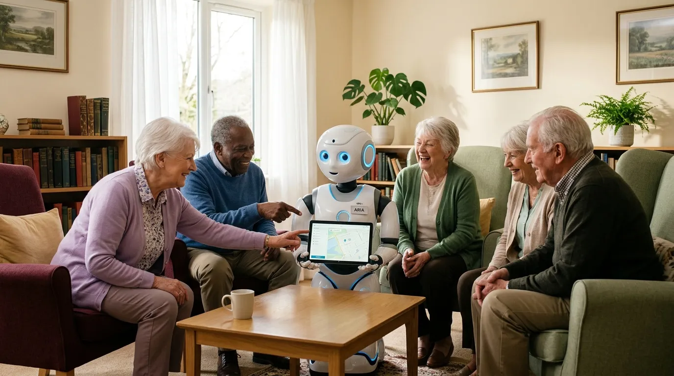 Grupo de ancianos interactuando con robot asistente Aria en sala