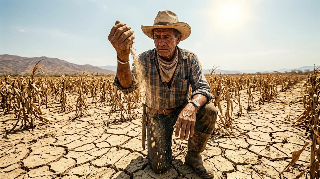 Agricultor sostiene tierra seca en campo árido desertificado