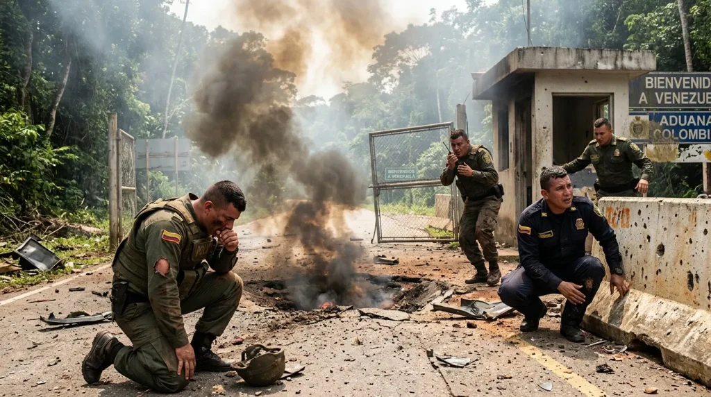 Militares en puesto fronterizo con explosión de fondo