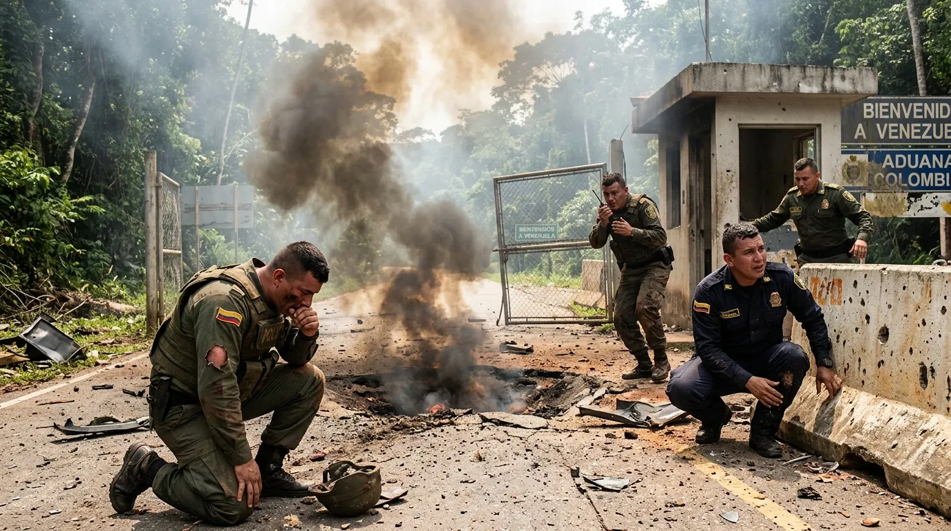 Militares en puesto fronterizo con explosiĂłn de fondo