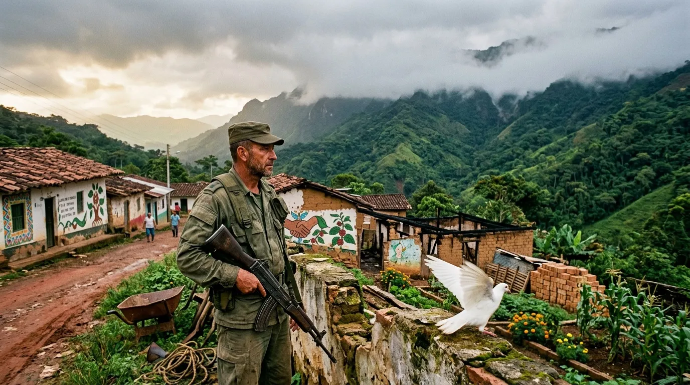 Soldado armado patrulla pueblo rural montañas verdes
